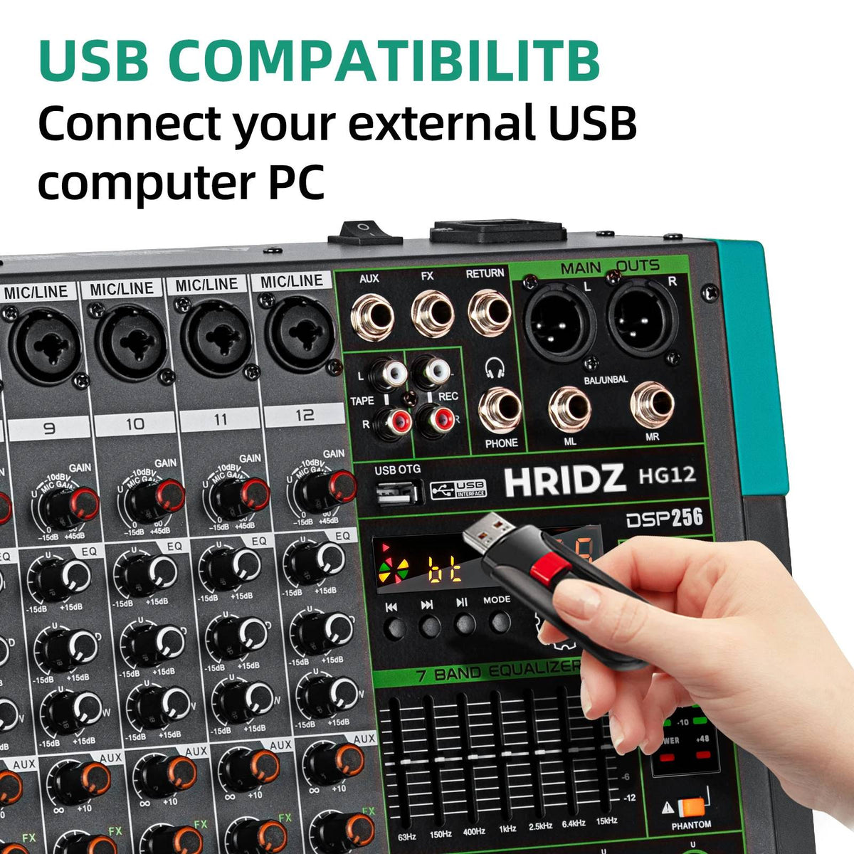 Hridz 12 Channel Professional Audio Mixer Console with Bluetooth, USB, 7-Band Equalizer, DSP Effects - HG12
