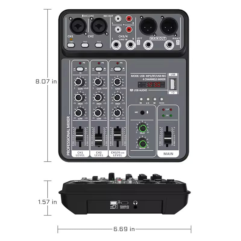 Hridz 4-Channel USB Audio Mixer with Phantom Power