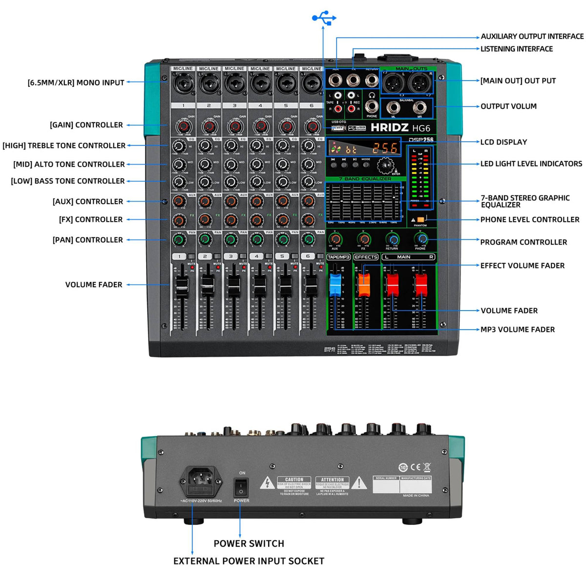 Hridz Pro Audio Combo: HG6 6-Channel Mixer & UR-109 PRO Dual Wireless Microphones