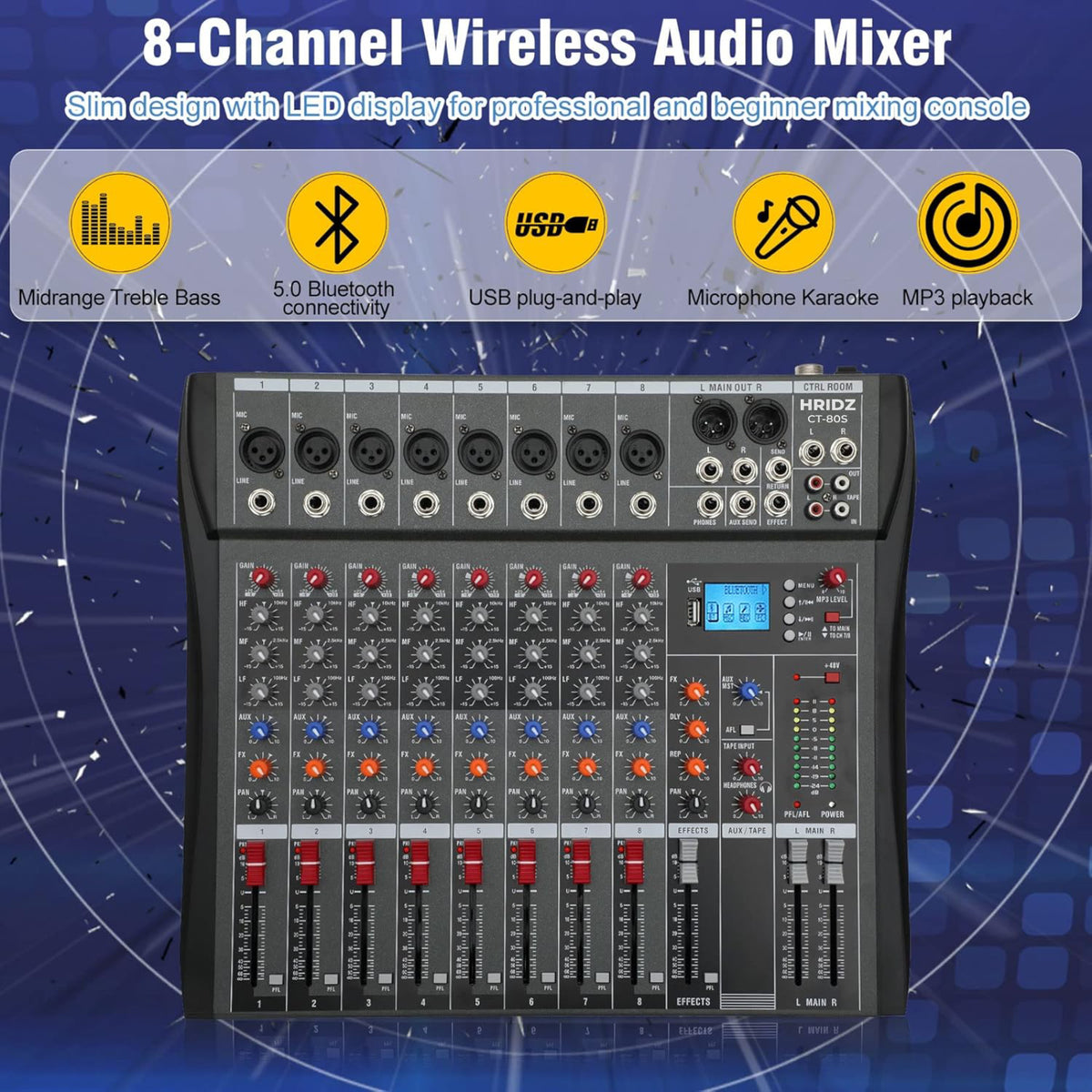 Hridz 8-Channel Karaoke Stereo Audio Mixer & 100m Range UHF Wireless Microphone Bundle