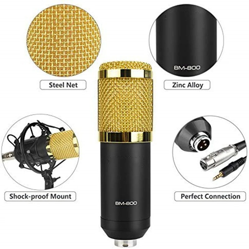 Hridz BM-800 Gold Studio Condenser Microphone Kit with Boom Arm & Pop Filter
