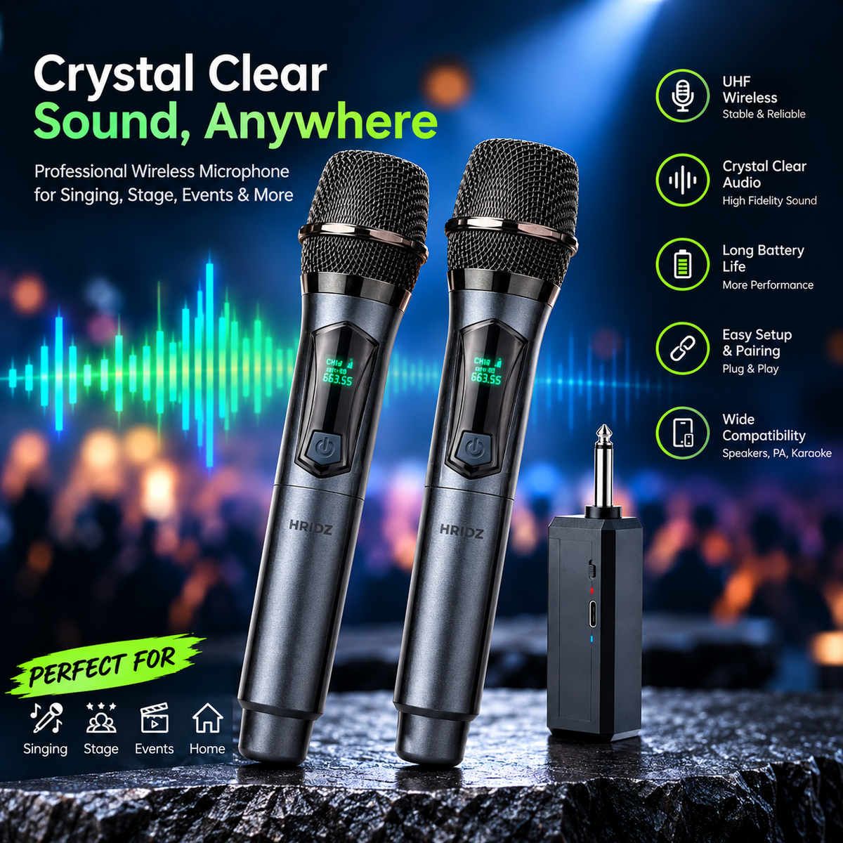 Hridz U8 2.4GHz Dual Wireless Microphone System β Rechargeable Mics & Receiver for Karaoke, DJ & Live Performances