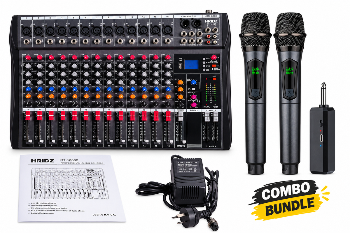 Hridz CT-160S 16-Channel Bluetooth Mixer & U8 Dual Wireless Mic Bundle β 48V Phantom Power, USB, Karaoke