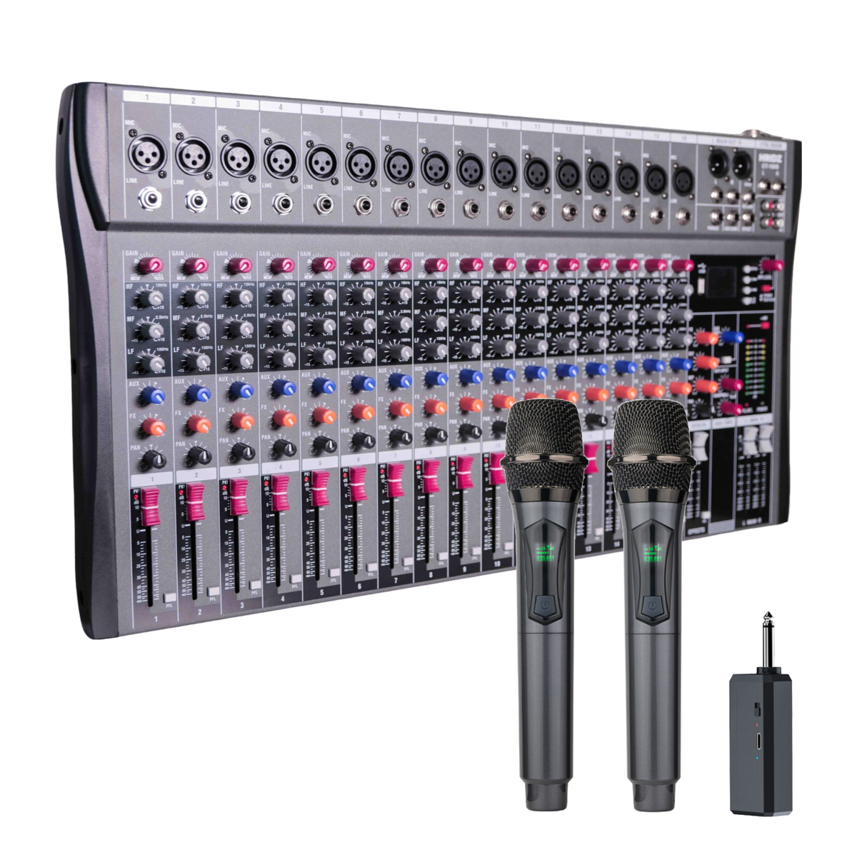 Hridz CT-160S 16-Channel Bluetooth Mixer & U8 Dual Wireless Mic Bundle β 48V Phantom Power, USB, Karaoke