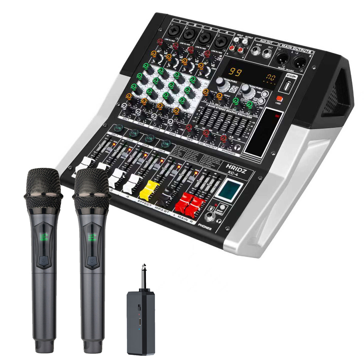 Hridz KG-4 Powered Mixer & U8 Dual Wireless Mic Bundle, 600W Γ 2