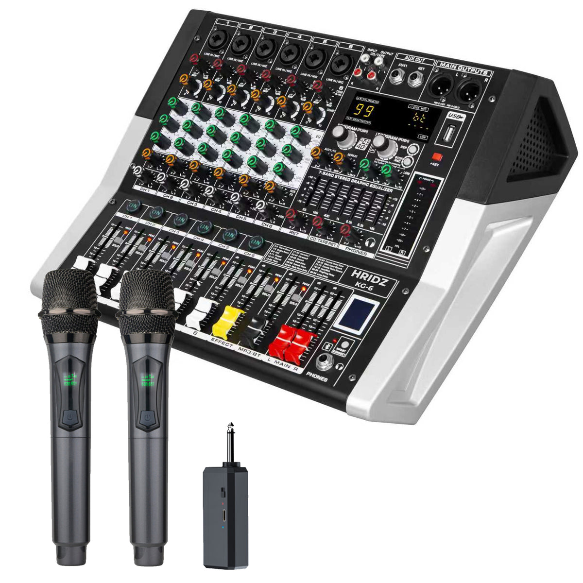 Hridz KG-6 Powered Mixer & U8 Dual Wireless Mic Bundle, 600W Γ 2