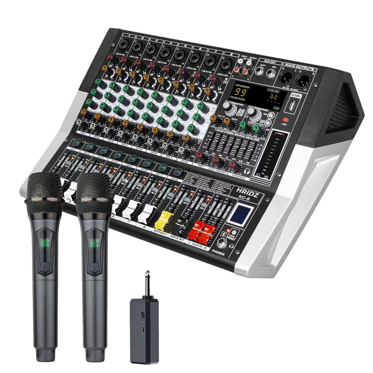 Hridz KG-8 powered audio mixer with two U8 wireless microphones and receiver bundle