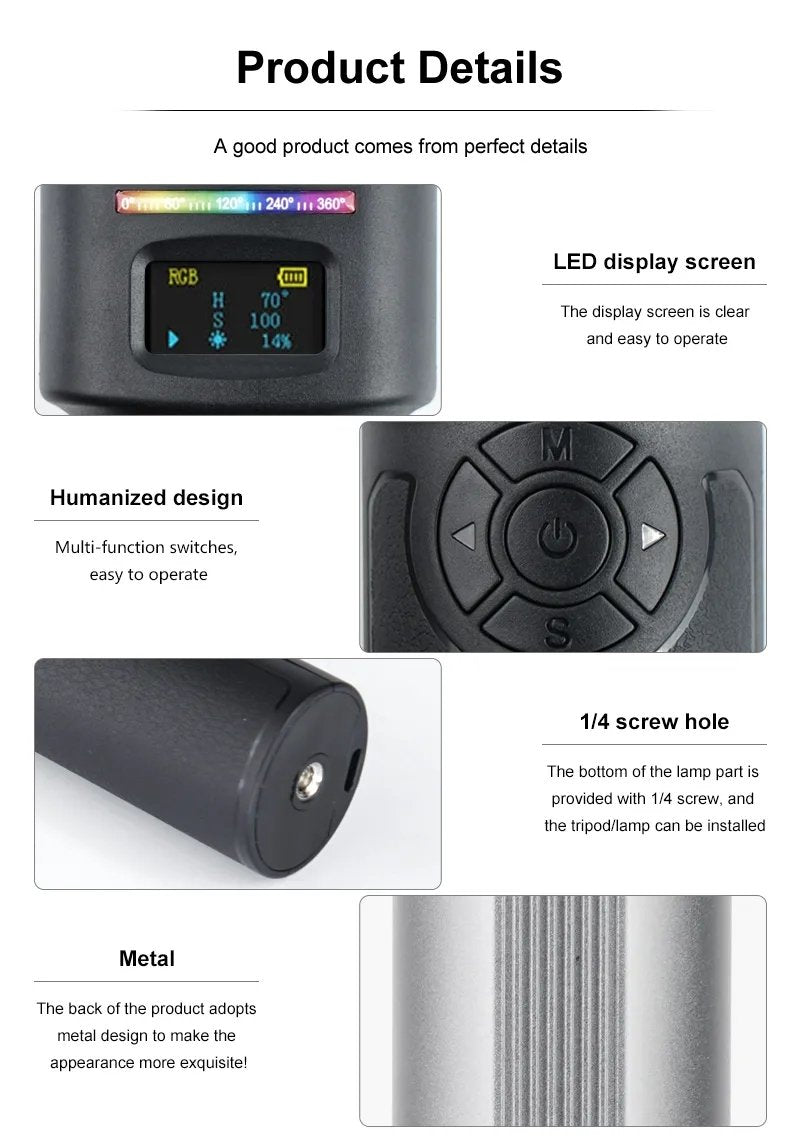 HRIDZ W270RGB 50cm Handheld RGB LED Stick Light – 20W Photography Video Tube Light with 2500K-9000K Adjustable Color Temperature & Rechargeable Battery