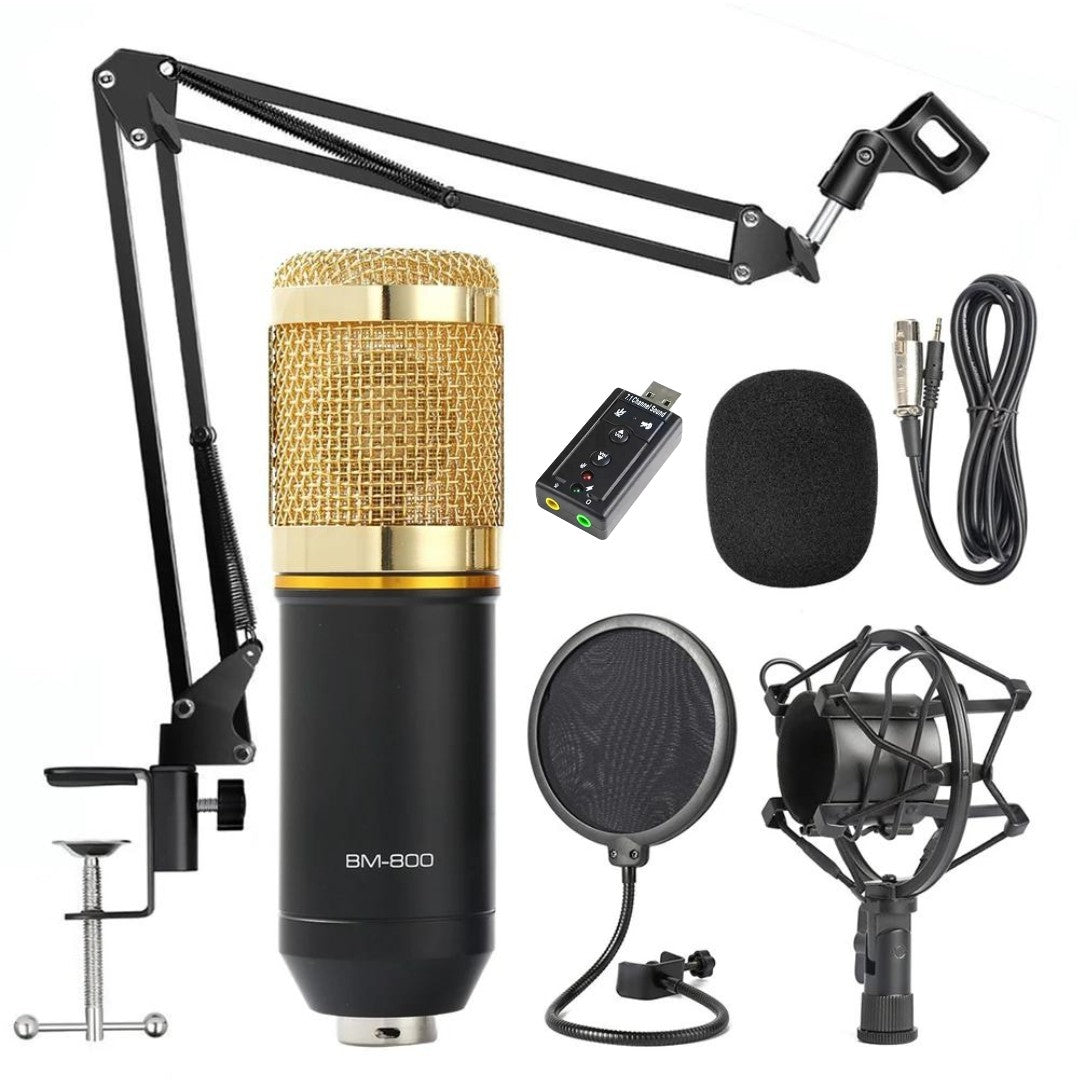 Hridz BM-800 Gold Studio Condenser Microphone Kit with Boom Arm & Pop Filter