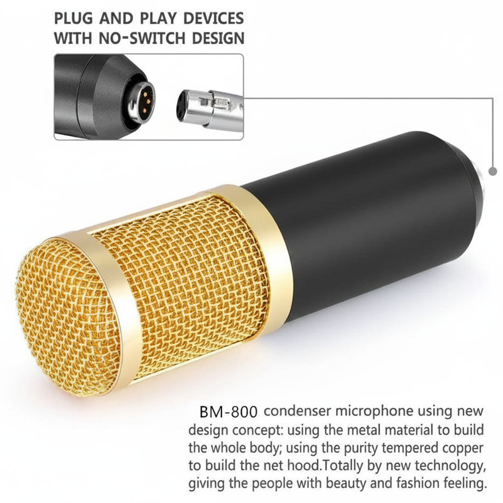 Hridz BM-800 Gold Studio Condenser Microphone Kit with Boom Arm & Pop Filter