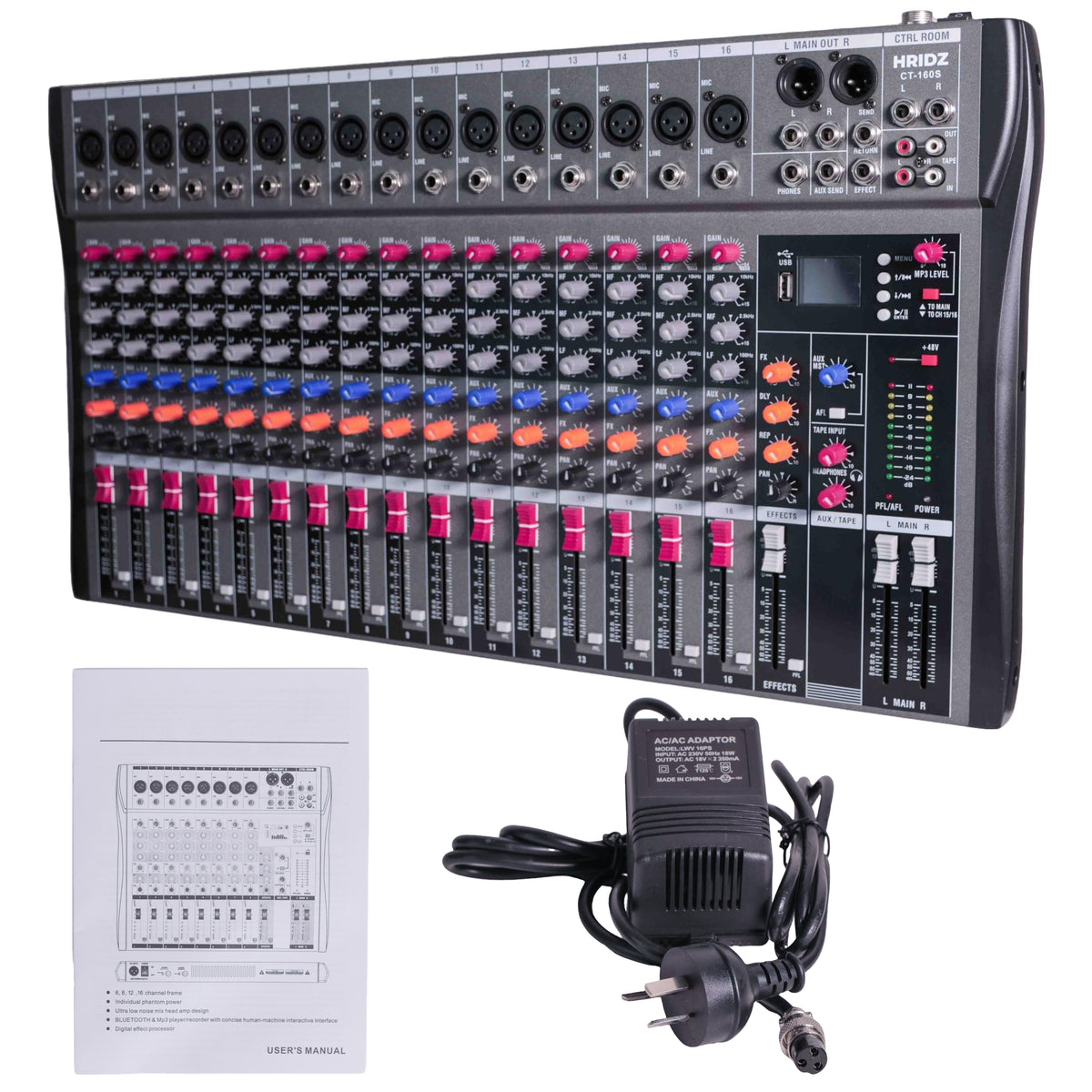 Hridz CT-160S 16-Channel Bluetooth Mixer & U8 Dual Wireless Mic Bundle – 48V Phantom Power, USB, Karaoke