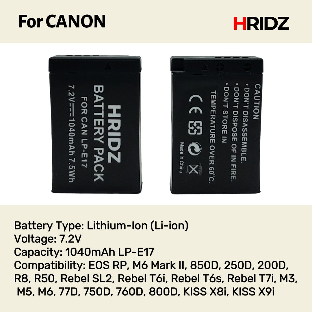 Hridz LP-E17 Replacement Battery for Canon EOS R8/R50/M6/M5/M3/200D/800D & Rebel Series