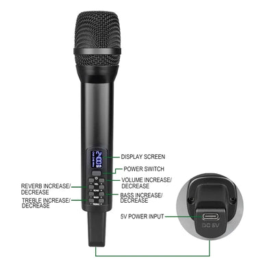 Hridz D100 2.4GHz Wireless Dynamic Karaoke Microphone System with Receiver, Reverb & Bass Control