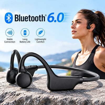Woman wearing Hridz Bluetooth 6.0 open-ear earphones outdoors for running