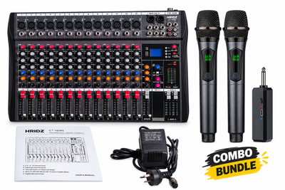 Hridz CT-160S 16-Channel Bluetooth Mixer & U8 Dual Wireless Mic Bundle – 48V Phantom Power, USB, Karaoke