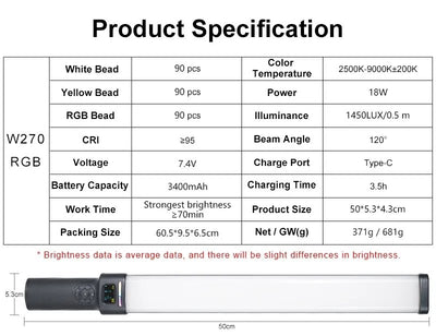 HRIDZ W270RGB 50cm Handheld RGB LED Stick Light – 20W Photography Video Tube Light, 2500K-9000K, Rechargeable Battery