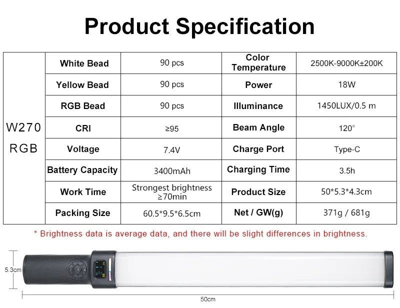 HRIDZ W270RGB 50cm Handheld RGB LED Stick Light – 20W Photography Video Tube Light, 2500K-9000K, Rechargeable Battery